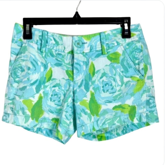 Lilly Pulitzer Shorts Size 00 Blue The Callahan Floral Cotton Chino Rose Print - Picture 1 of 10